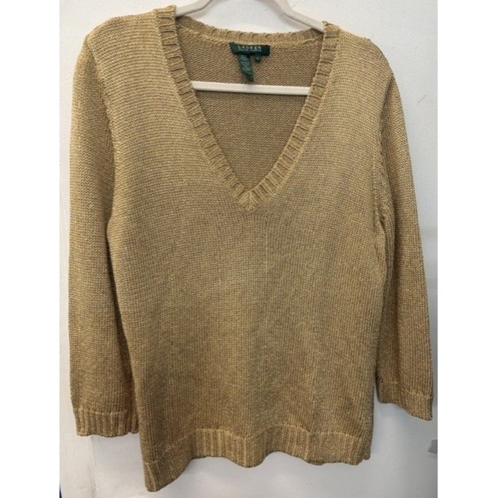 Y2K Ralph Lauren Gold Metallic V-Neck Sweater Womens XL Knit Top